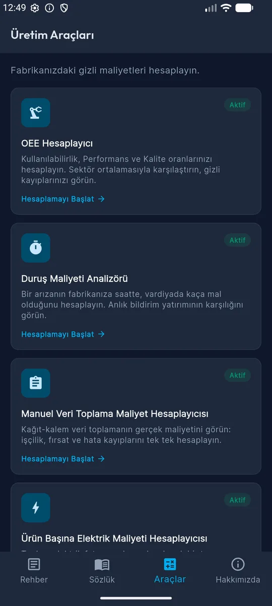 Üretim Rehberi uygulamasının hesaplama ekranı