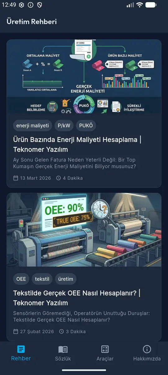 Üretim Rehberi uygulamasının makale akışı ekranı