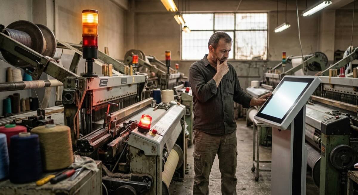 Tekstil fabrikasında operatör ve makine terminali